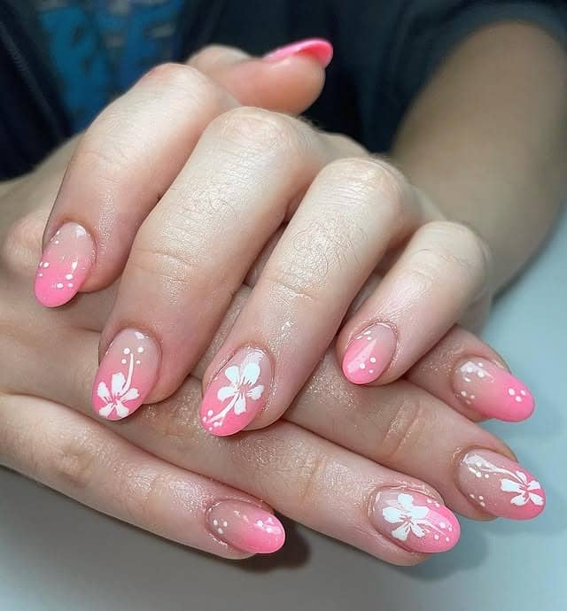 22. Soft Tropical Flower Almond Nails in Blush Pink - tropical flower nail ideas