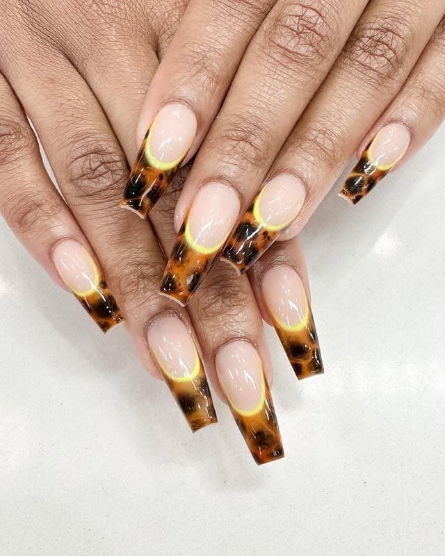 11. Long Square Nude Nails with Tortoiseshell French Tips - turtle nail ideas