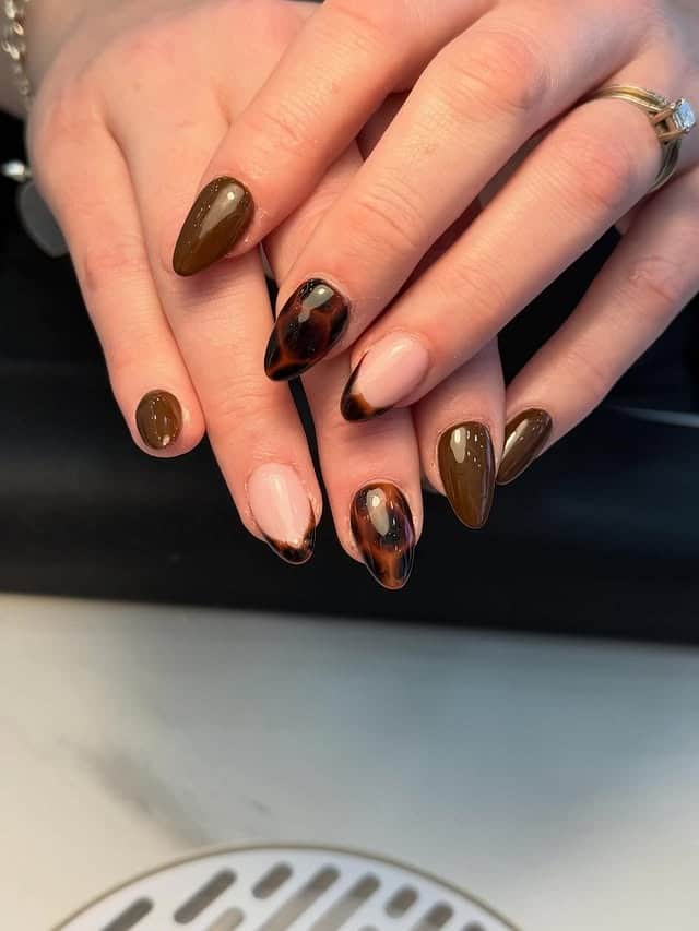 14. Mixed Almond Nails with Tortoiseshell and Chocolate Brown - turtle nail ideas
