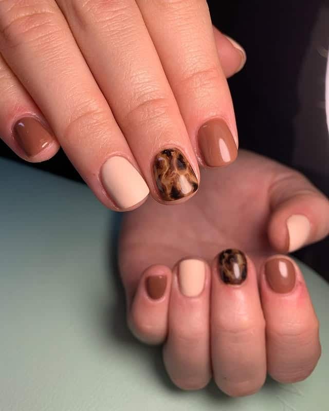 16. Short Neutral Nails with Tortoiseshell Accent Nail - turtle nail ideas