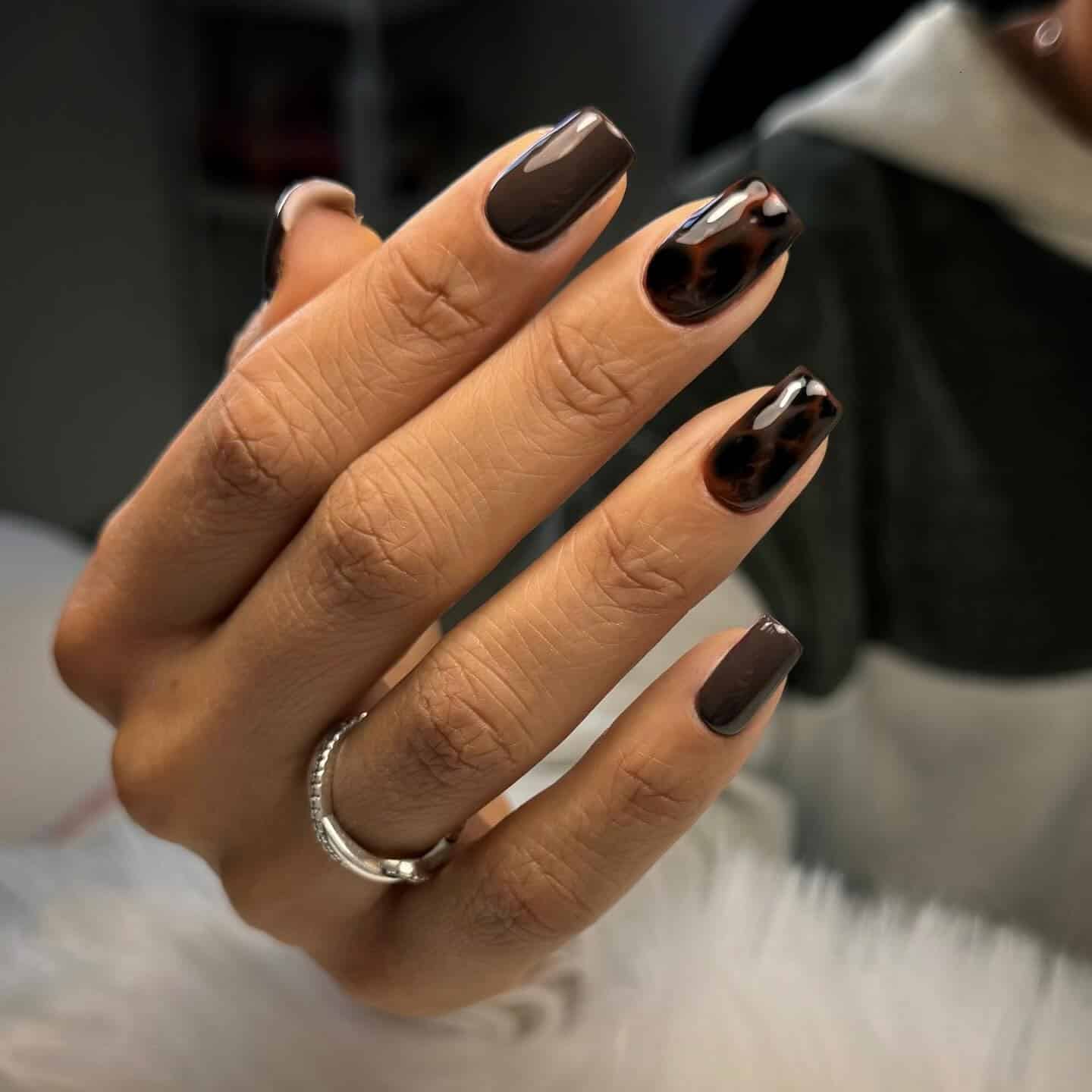 17. Glossy Square Nails in Espresso Brown and Tortoiseshell - turtle nail ideas
