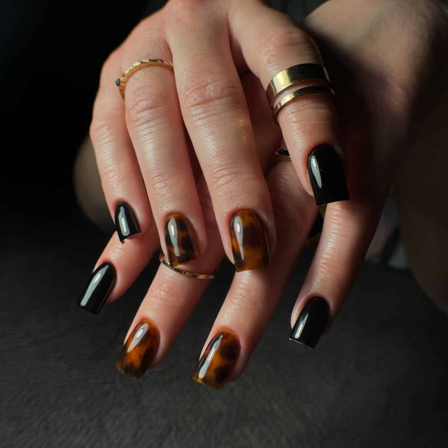 19. Black and Tortoiseshell Square Nails with Contrast Finish - turtle nail ideas