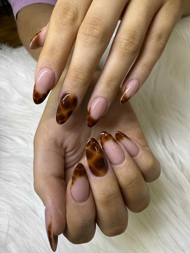 22. Nude Almond Nails with Soft Tortoiseshell Tips - turtle nail ideas