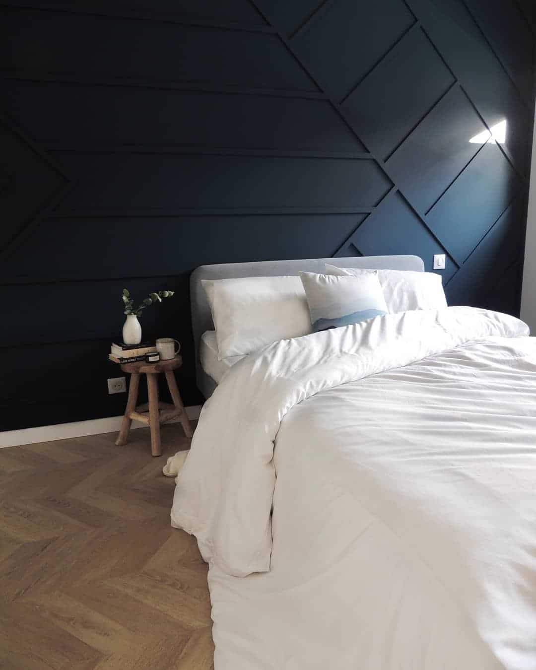 1. Graphic Midnight Panel Statement Bedroom - dark blue bedroom ideas