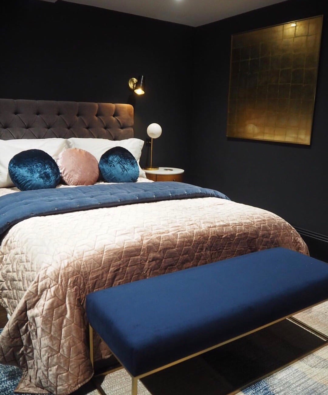 15. Moody Dark Blue Luxury Bedroom - dark blue bedroom ideas