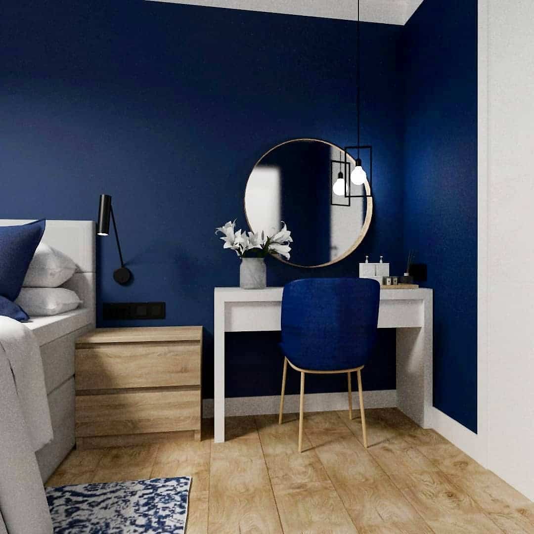 16. Contemporary Dark Blue Bedroom with Dressing Area - dark blue bedroom ideas
