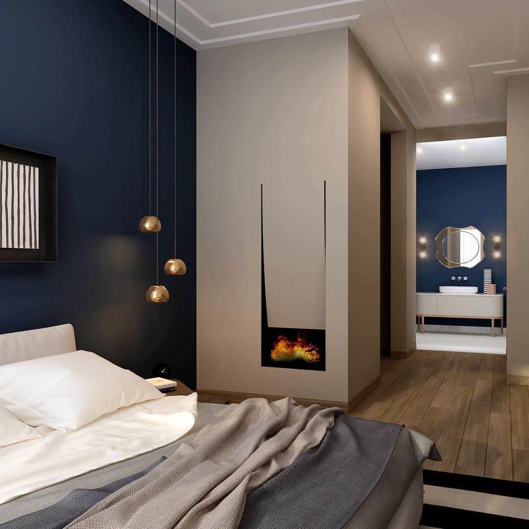 18. Modern Dark Blue Bedroom with Minimal Vanity - dark blue bedroom ideas