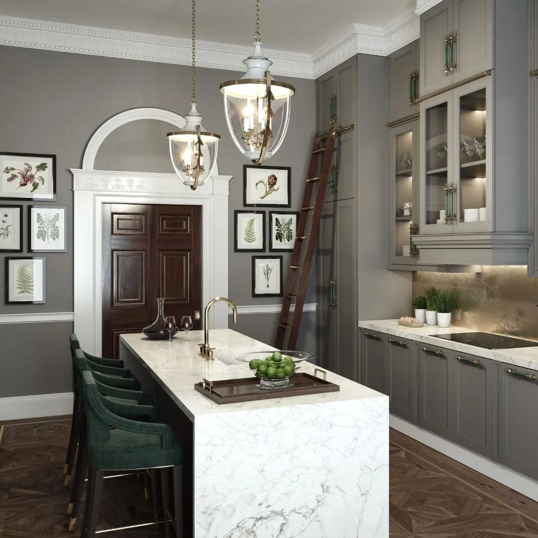 3. Deep Gray Victorian Kitchen with Brass Accents - victorian style kitchen ideas