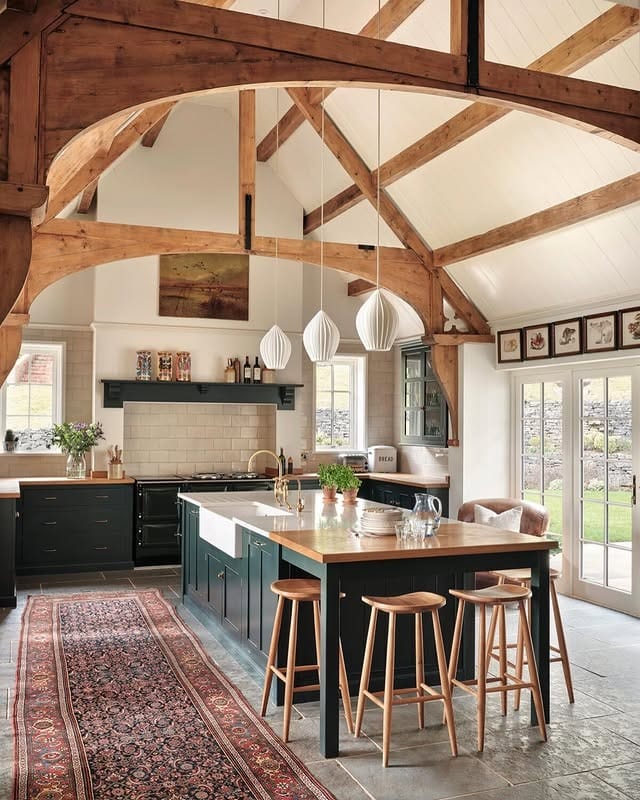 9. Dark Green Victorian Kitchen with Exposed Beams - victorian style kitchen ideas