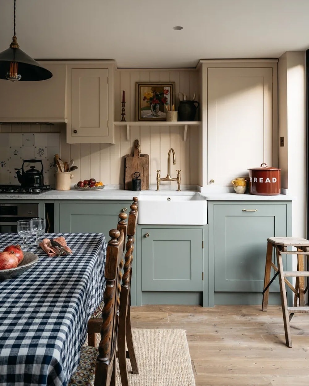 15. Sage Green Victorian Kitchen with Farmhouse Sink - victorian style kitchen ideas