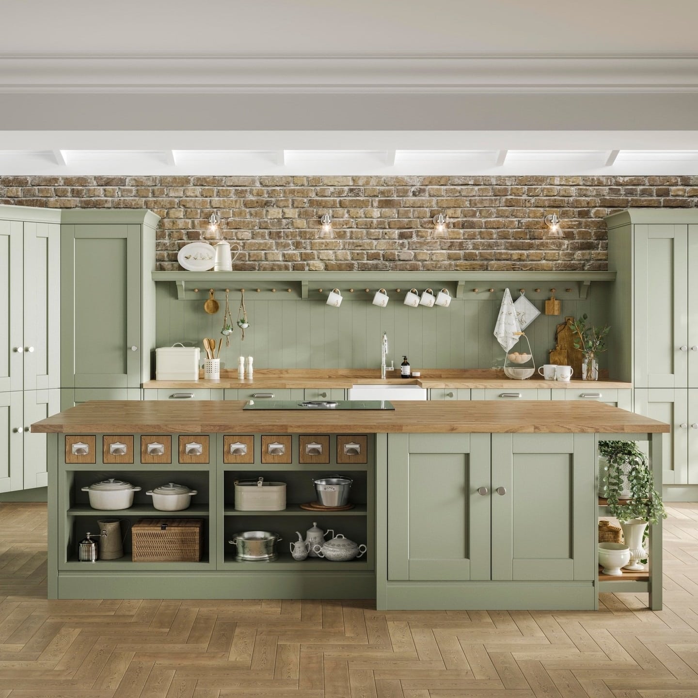 19. Soft Green Victorian Kitchen with Brick Feature Wall - victorian style kitchen ideas