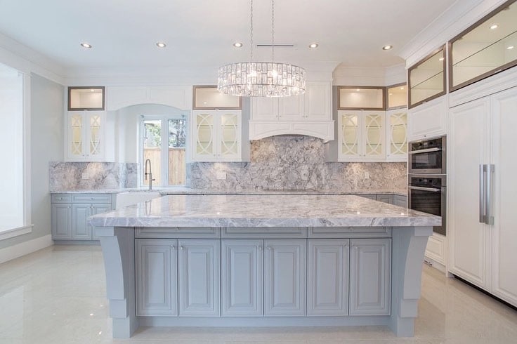 22. Soft Gray Victorian Kitchen with Marble Island - victorian style kitchen ideas