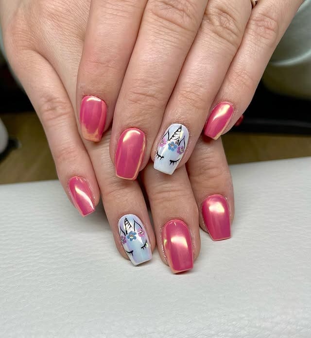 4. Rose Chrome Unicorn Statement Nails - unicorn nail ideas