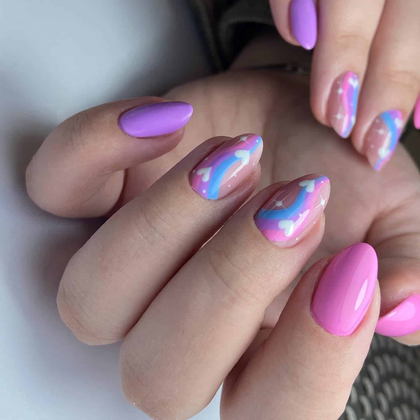 8. Pink and Blue Heart Rainbow Unicorn Nails - unicorn nail ideas