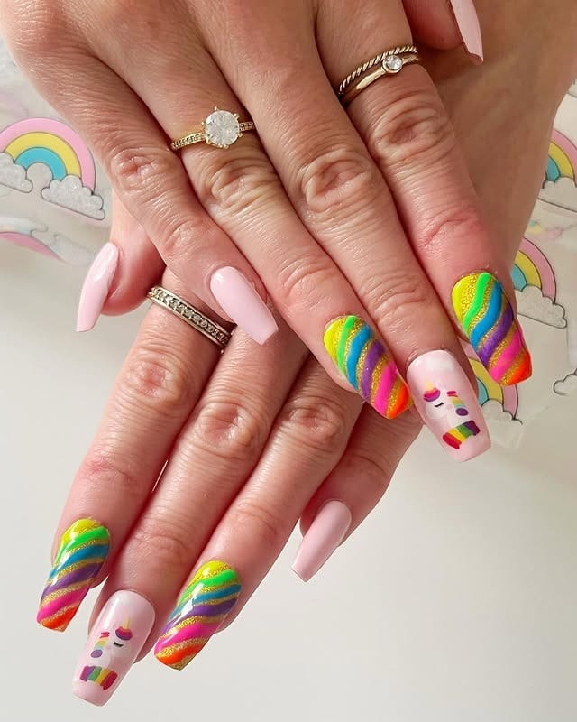 9. Neon Rainbow Stripe Unicorn Coffin Nails - unicorn nail ideas