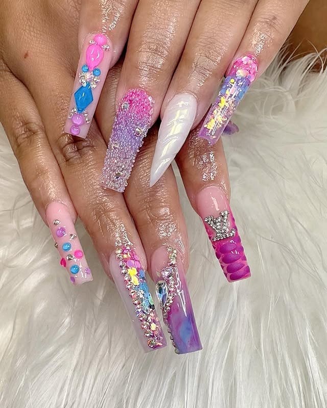 13. Crystal-Embellished Pink Unicorn Coffin Nails - unicorn nail ideas