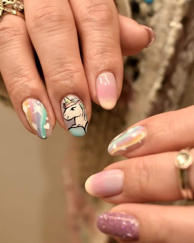 21. Pastel Unicorn Accent Almond Nails - unicorn nail ideas