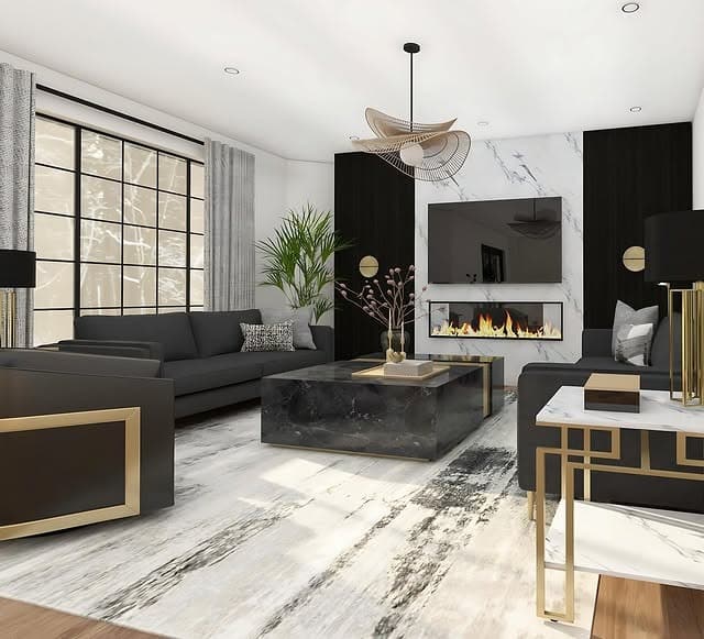 4. Elegant Black and Gold Marble Living Room - black and gold living room ideas