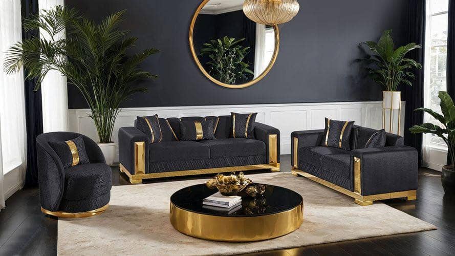 7. Contemporary Black Living Room with Gold Framed Furniture - black and gold living room ideas