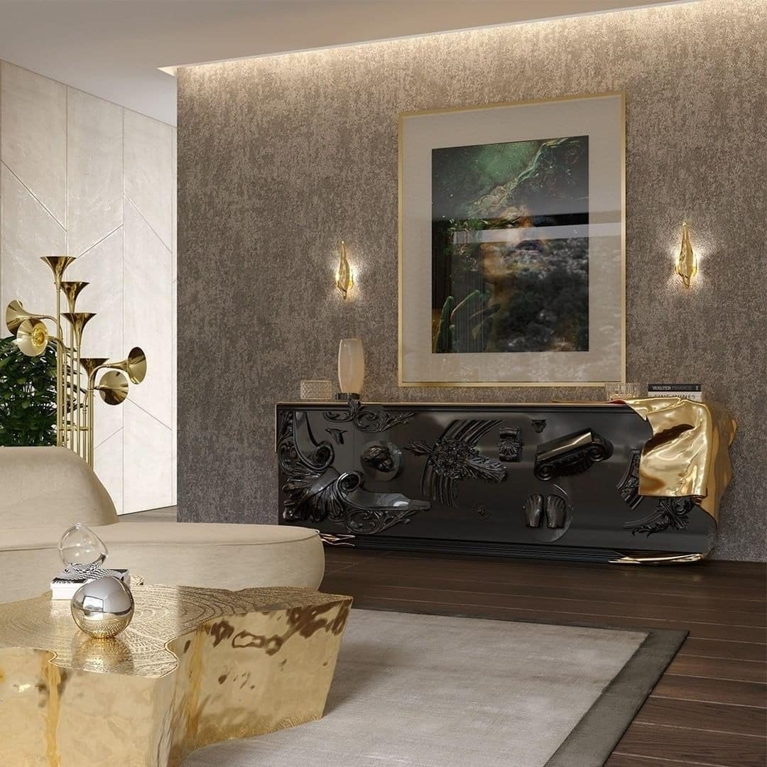 8. Luxury Black Console Living Room with Gold Art Accents - black and gold living room ideas