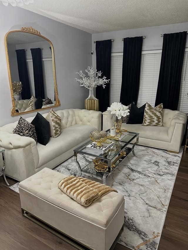14. Cream and Black Living Room with Gold Glam Accents - black and gold living room ideas