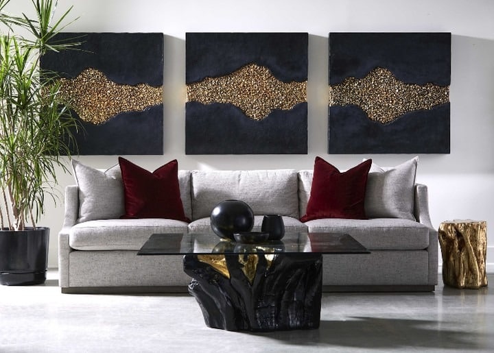 15. Neutral Living Room with Black, Gold, and Artistic Contrast - black and gold living room ideas