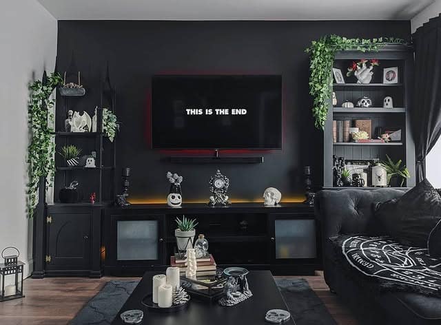 4. Moody Black Living Room with Gothic Modern Styling - black living room ideas