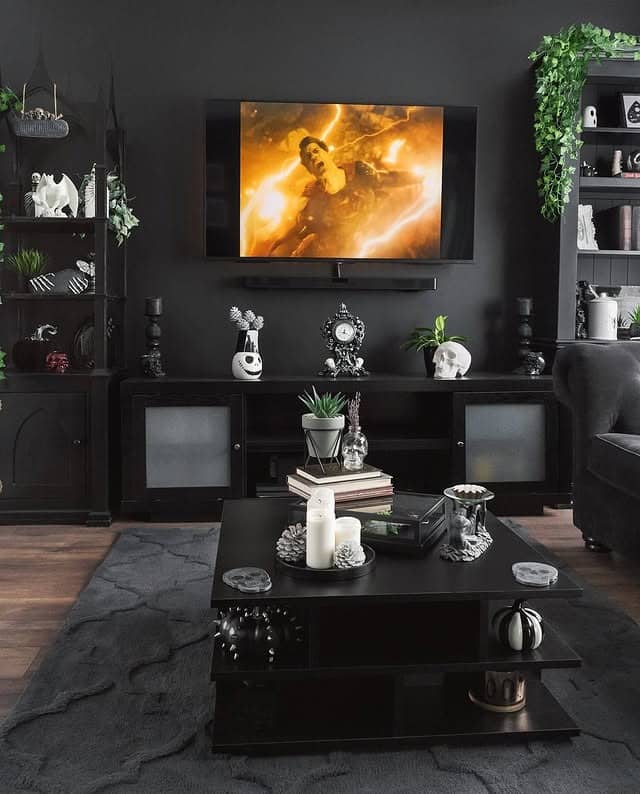 5. Contemporary Black Entertainment Living Room - black living room ideas
