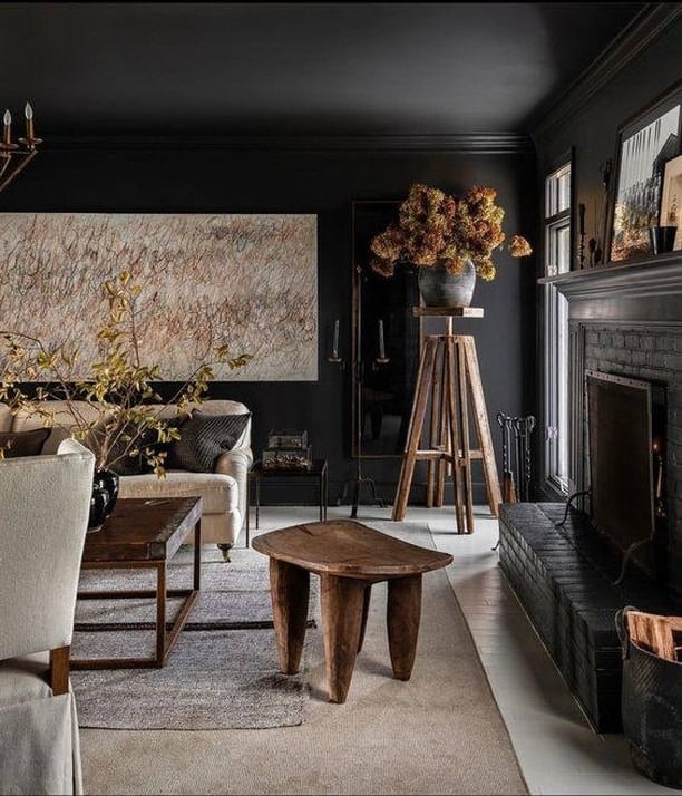 9. Classic Black Living Room with Organic Textures - black living room ideas