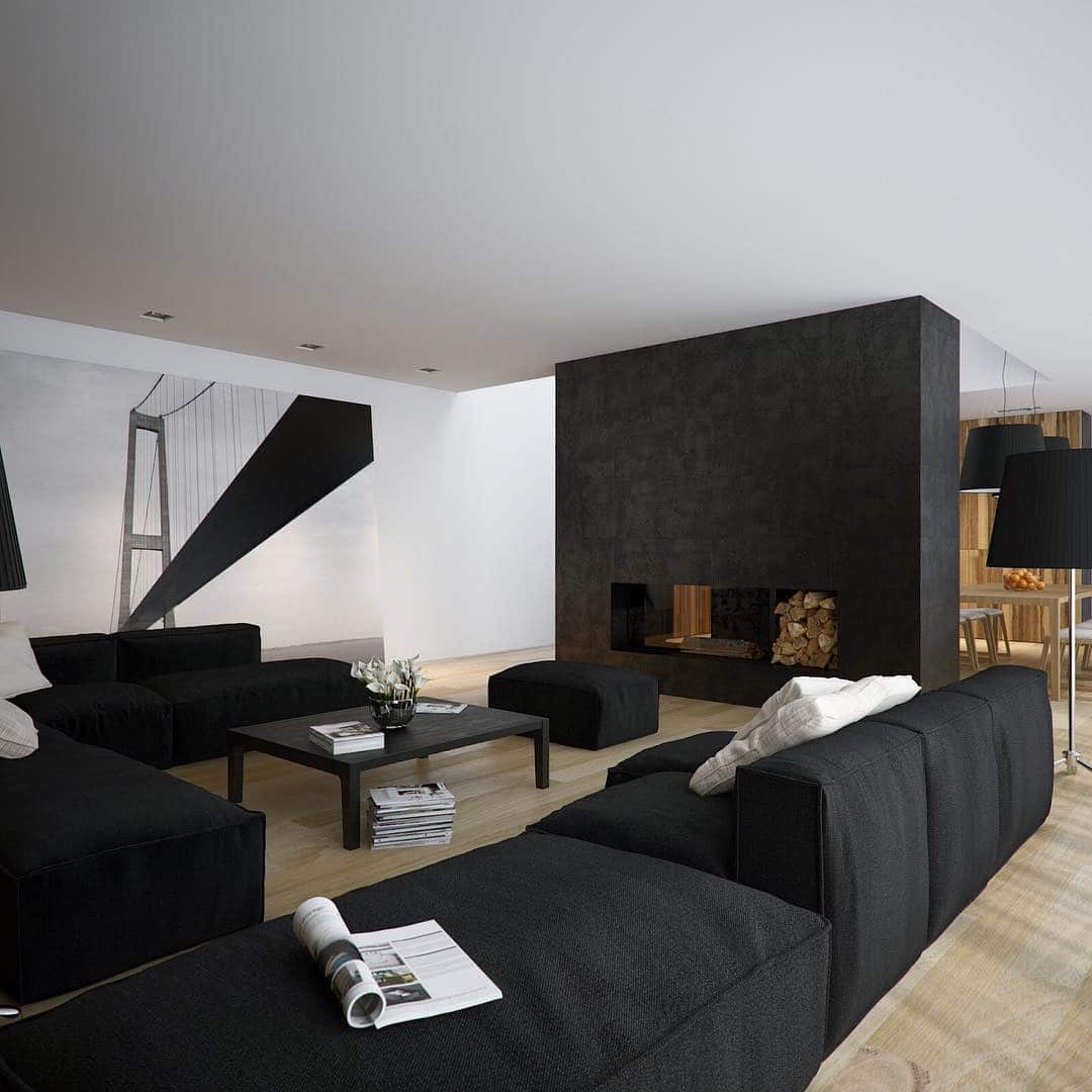 13. Open-Concept Black Living Room with Sculptural Fireplace Wall - black living room ideas