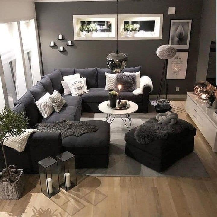 18. Soft Black and Charcoal Living Room with Sectional Seating - black living room ideas