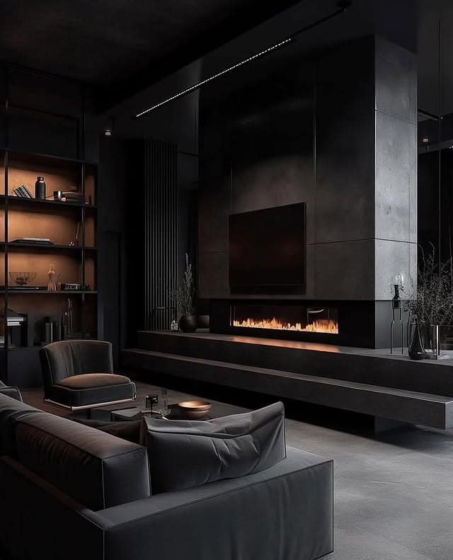 20. Minimal Black Living Room with Concrete Finishes - black living room ideas