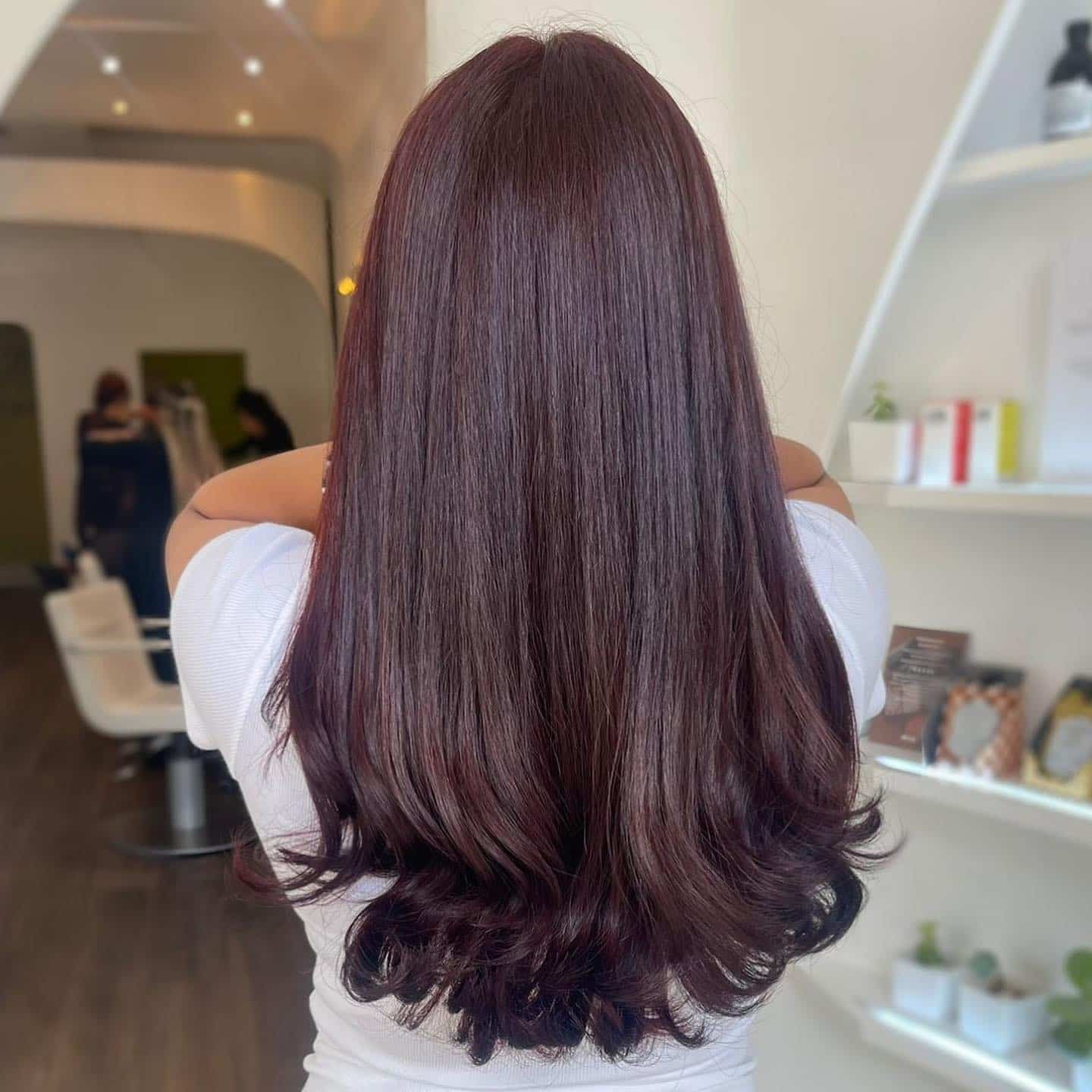 20. Long Straight Burgundy Finish with Subtle Curved Ends - Burgundy Hair Color