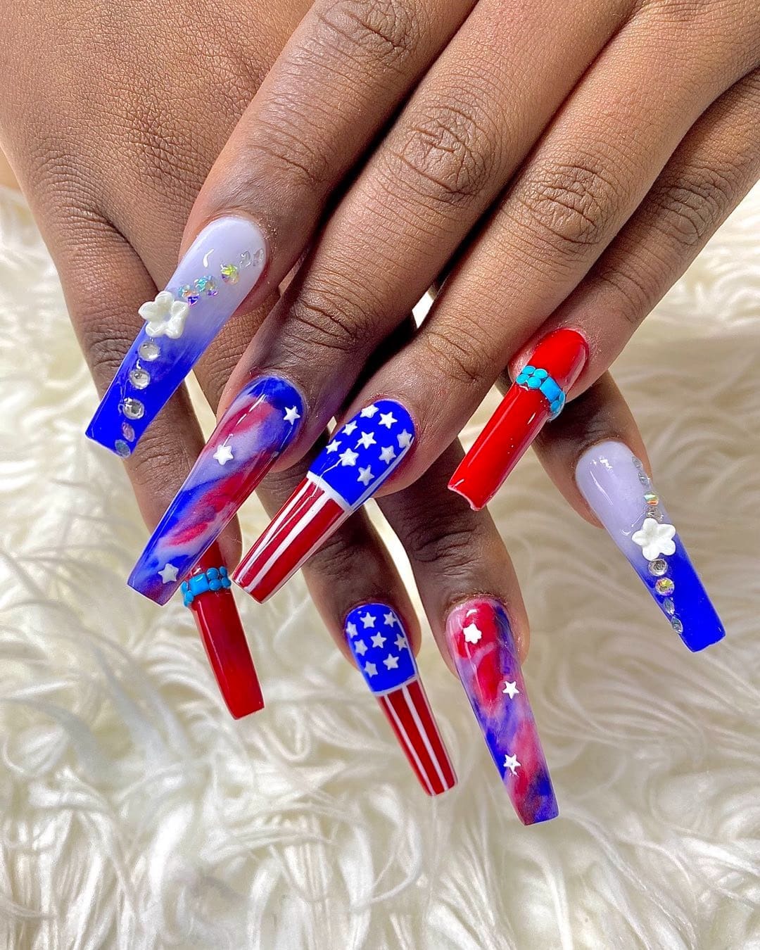 11. Crystal-Embellished Patriotic Coffin Nails - us flag nail ideas