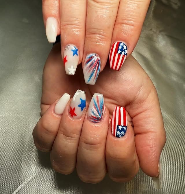 14. White Base Firework Flag Nails - us flag nail ideas