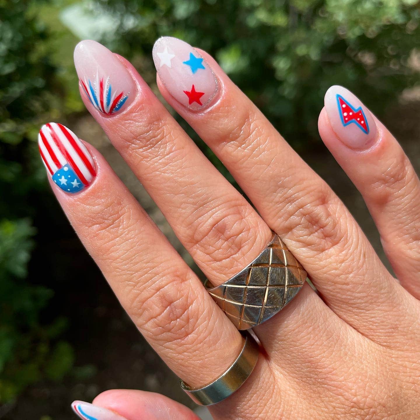 16. Sheer Neutral Nails with Flag Art Details - us flag nail ideas