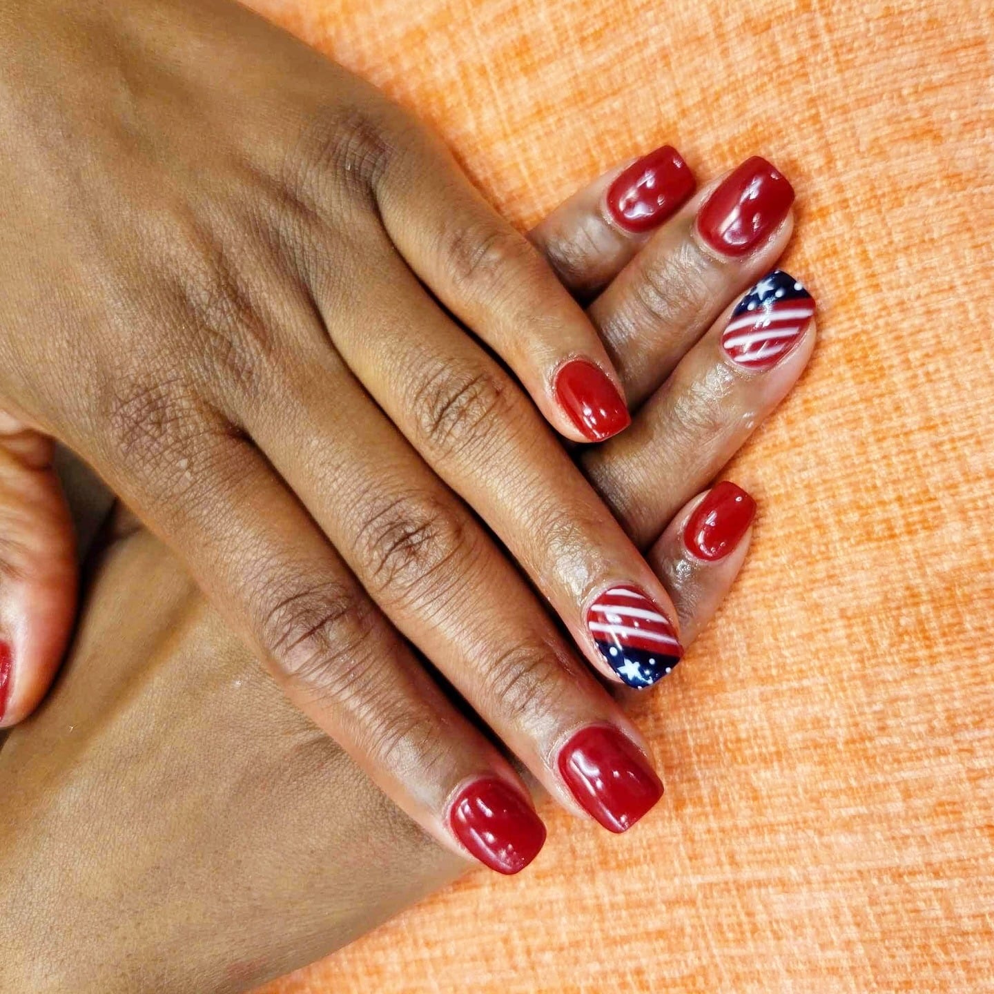 19. Red Gloss Nails with Flag Feature Art - us flag nail ideas