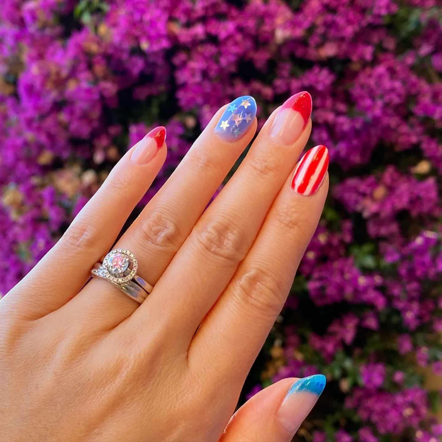 21. Soft Almond Nails with Flag Accent Tips - us flag nail ideas