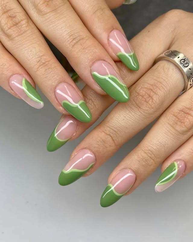 1. Green Contour French Waves - wavy nail ideas