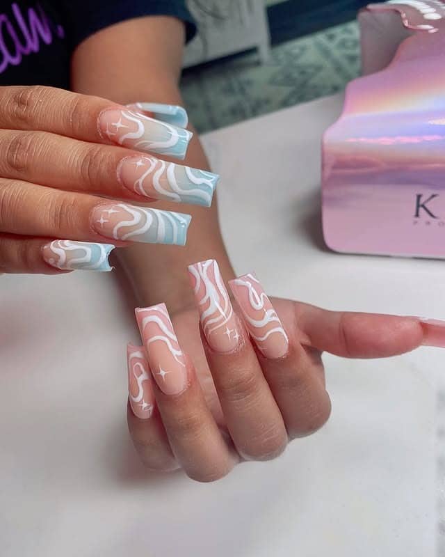 10. Pastel Wave Art Coffin Nails - wavy nail ideas