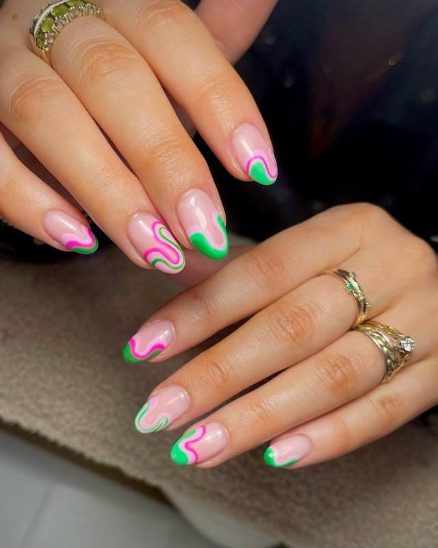 11. Neon Green and Pink Wave French Nails - wavy nail ideas
