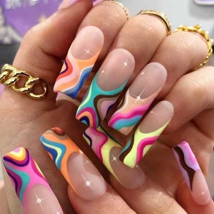 12. Multicolor Retro Wave Long Nails - wavy nail ideas