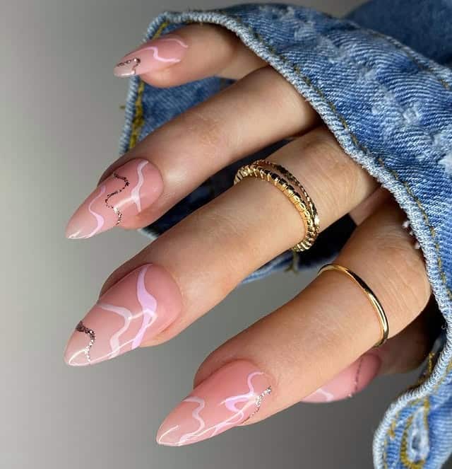 19. Blush Pink Wave Nails with Glitter Accents - wavy nail ideas
