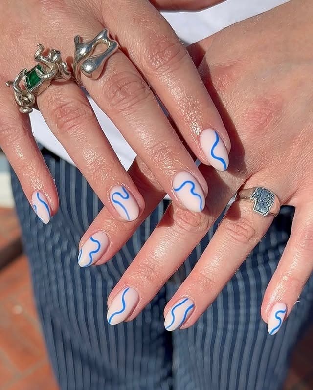 20. Minimal Blue Line Wave Nails - wavy nail ideas