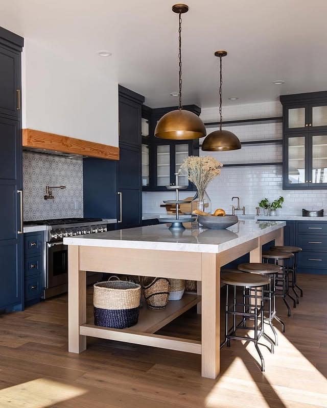 2. Classic Farmhouse Island in Navy and Soft White - rustic kitchen island ideas