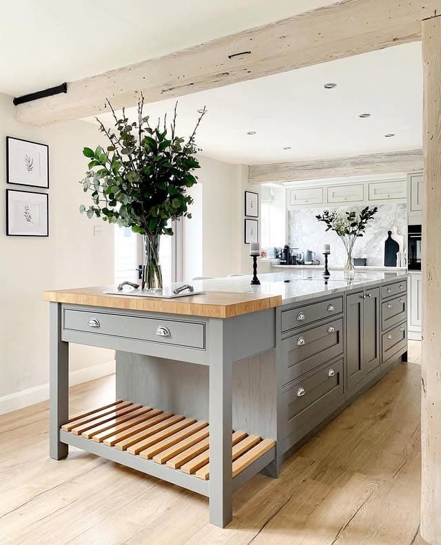 4. Country Kitchen Island in Dove Gray and Natural Wood - rustic kitchen island ideas