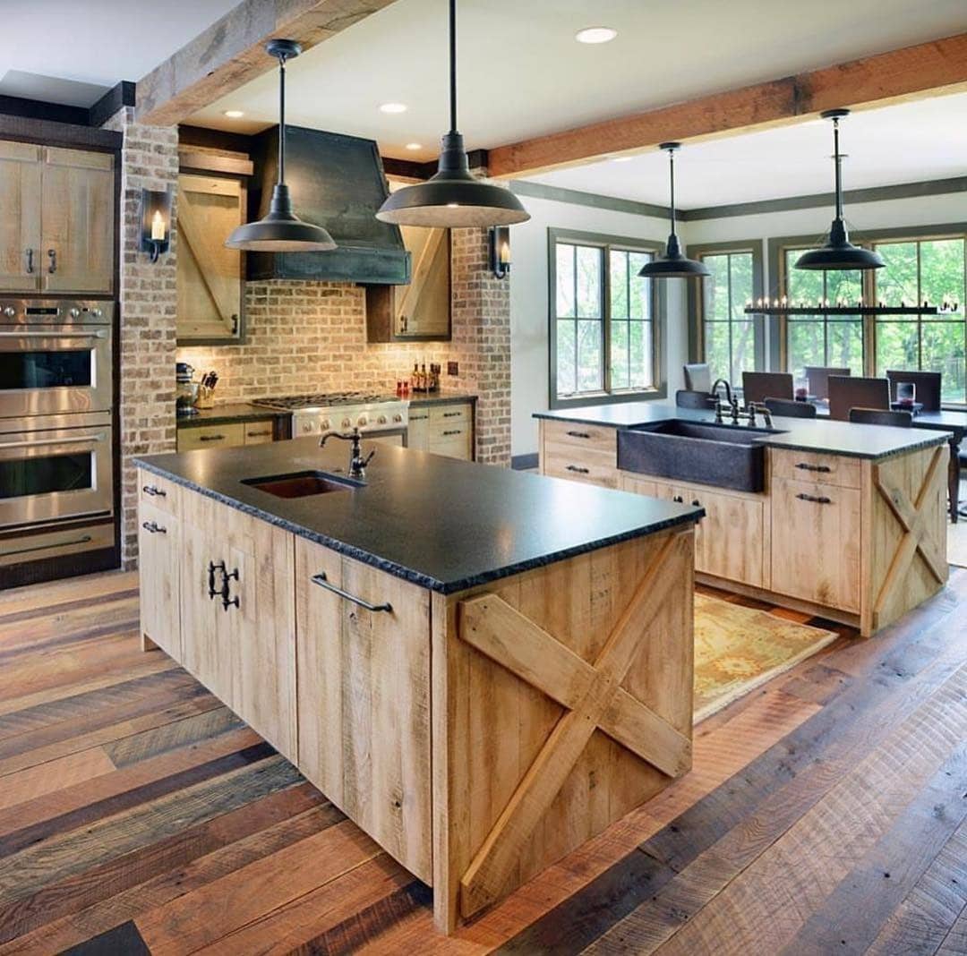 7. Barn-Style Island in Weathered Pine and Iron Black - rustic kitchen island ideas