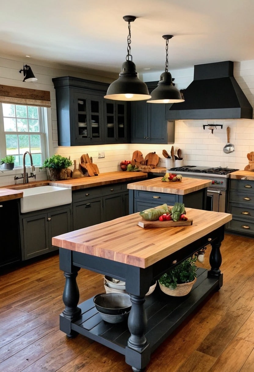 10. Farmhouse Work Island in Butcher Block and Deep Green - rustic kitchen island ideas