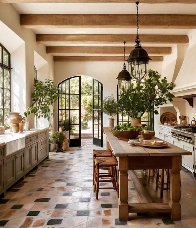 11. Mediterranean Farmhouse Island in Natural Wood and Soft Cream - rustic kitchen island ideas