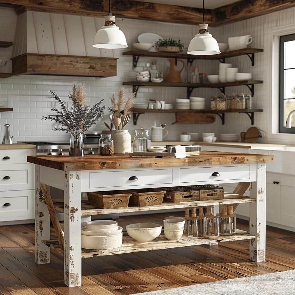 12. Distressed Prep Island in Antique White and Warm Walnut - rustic kitchen island ideas